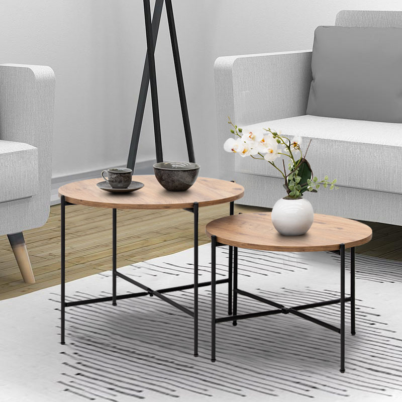 Σετ τραπεζάκια σαλονιού Zayden Megapap 2 τμχ μεταλλικό - μελαμίνης χρώμα pine oak 65x65x52εκ.