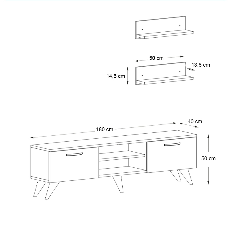 Έπιπλο τηλεόρασης Geacles Megapap από μελαμίνη χρώμα καρυδί - μαύρο εφέ μαρμάρου 180x40x50εκ.