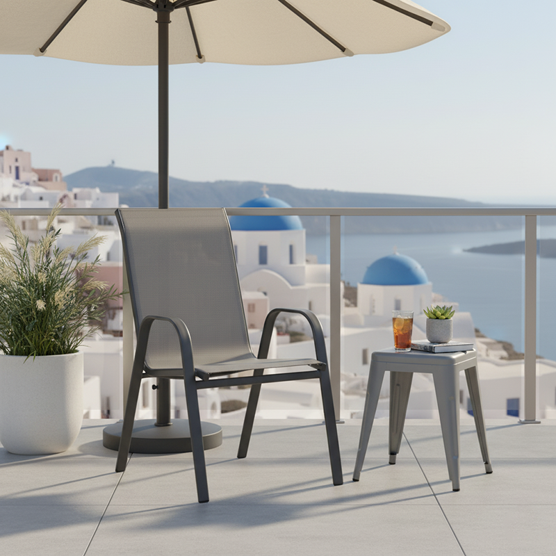 Πολυθρόνα Calan pakoworld στοιβαζόμενη μέταλλο ανθρακί-textilene ανθρακί 55x75x95εκ