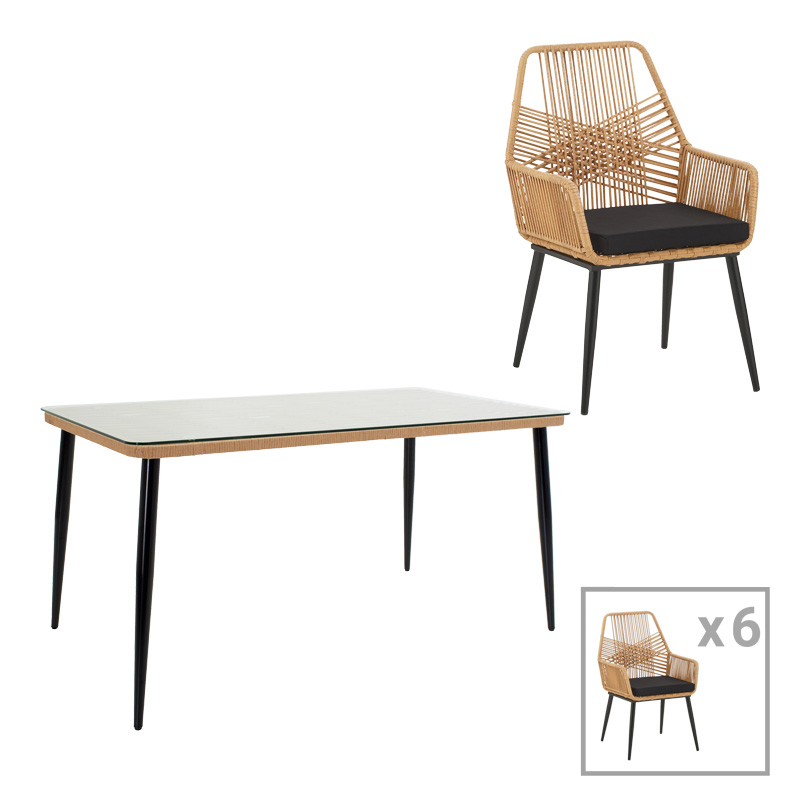 Τραπεζαρία Naoki-Tanish σετ 7τεμ pakoworld μέταλλο μαύρο-pe φυσικό-γυαλί 160x90x78εκ