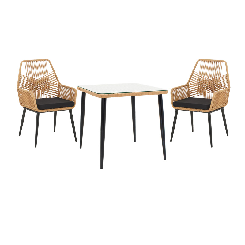 Τραπεζαρία Naoki-Tanish σετ 3 τεμ pakoworld μέταλλο μαύρο-pe φυσικό-γυαλί 80x80x78εκ