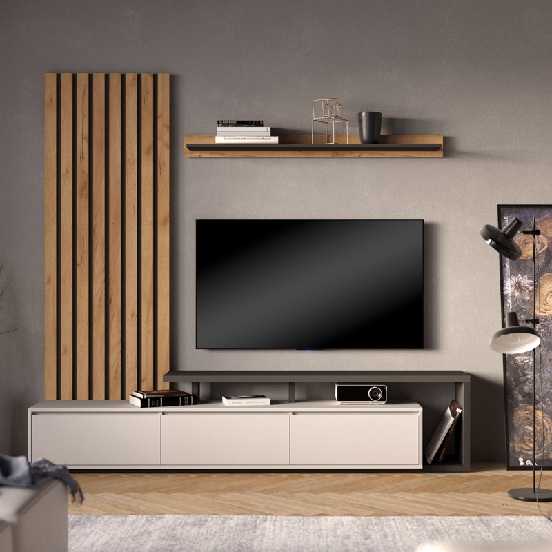 Σύνθετο σαλονιού Claironse pakoworld σε φυσική απόχρωση-ανθρακί-ανοιχτό γκρι 225x37.6x210εκ