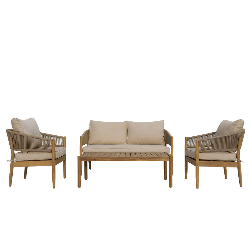 Σαλόνι εξωτερικού χώρου Lemanda pakoworld μασίφ ξύλο ακακίας με σχοινί και μπεζ μαξιλάρια